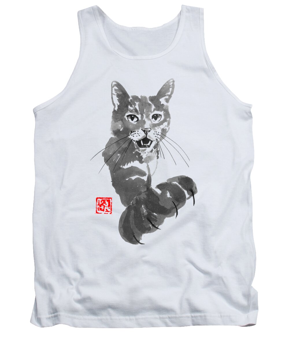 Cat Tank Top featuring the drawing Demanding Cat by Pechane Sumie