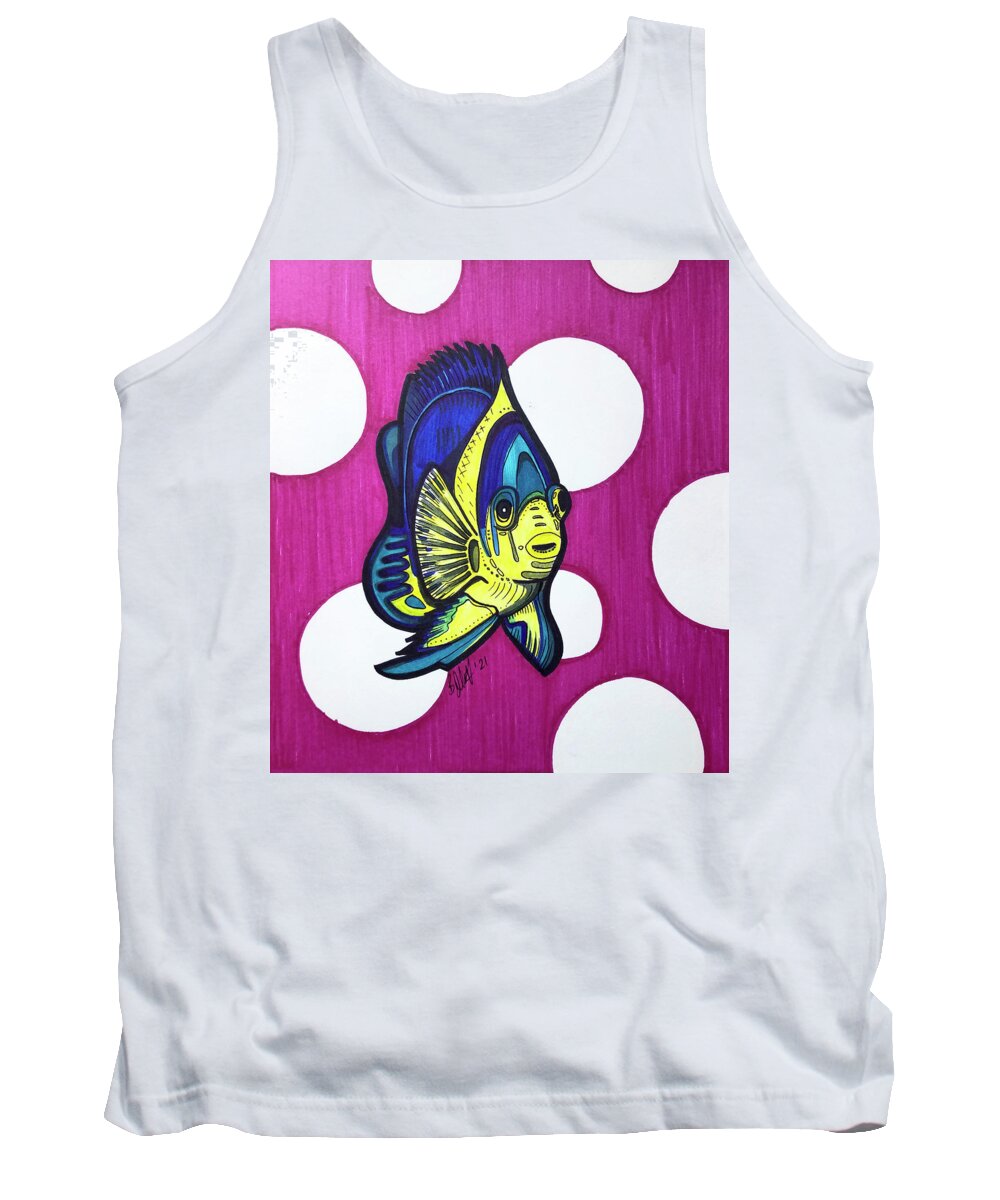 Discus Fish Tank Top featuring the drawing Discus Fish Blue and Yellow by Creative Spirit