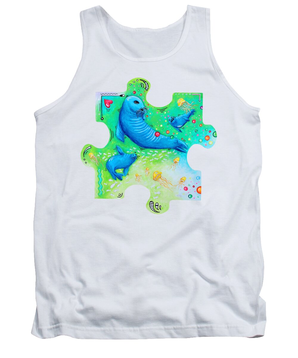 Endangered Harbor Seal Tank Top featuring the painting Endangered Harbor Seal Puzzle Piece Puzzle Painting Original Art A Never Ending Story Megan Aroon by Megan Aroon
