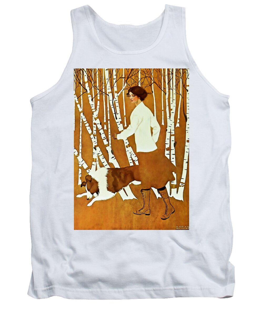 “coles Phillips” Tank Top featuring the digital art Fadeaway Girl Autumn Walk Illustration  by Patricia Keith