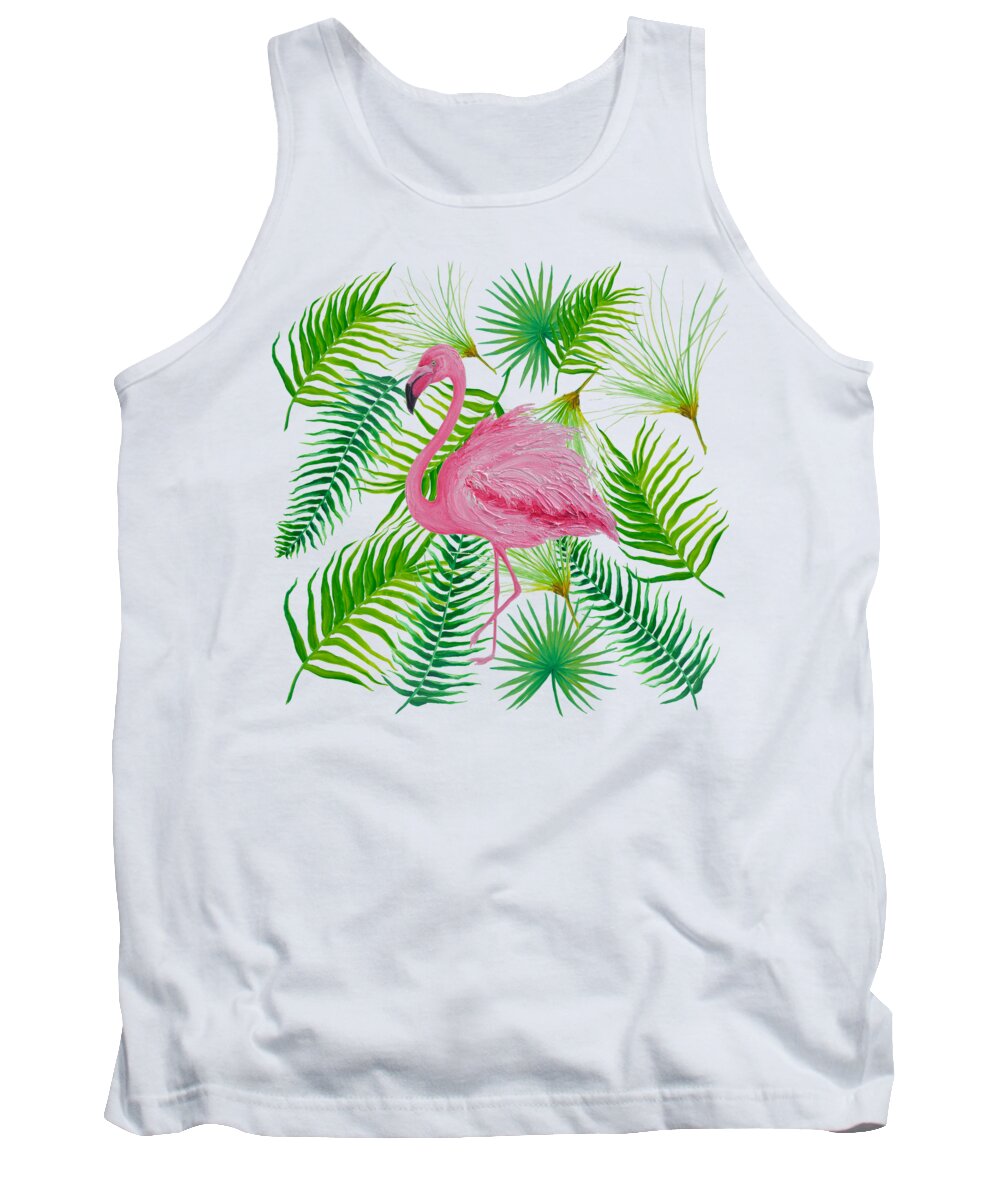 Tropical Leaves Tank Top featuring the painting Flamingo with tropical leaves and ferns by Jan Matson