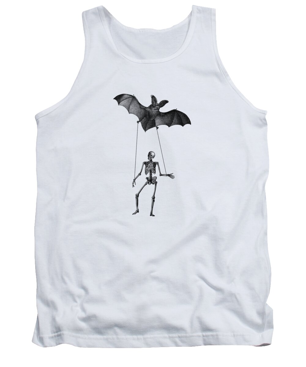 Skeleton Tank Top featuring the digital art Flying bat with skeleton on a string by Madame Memento