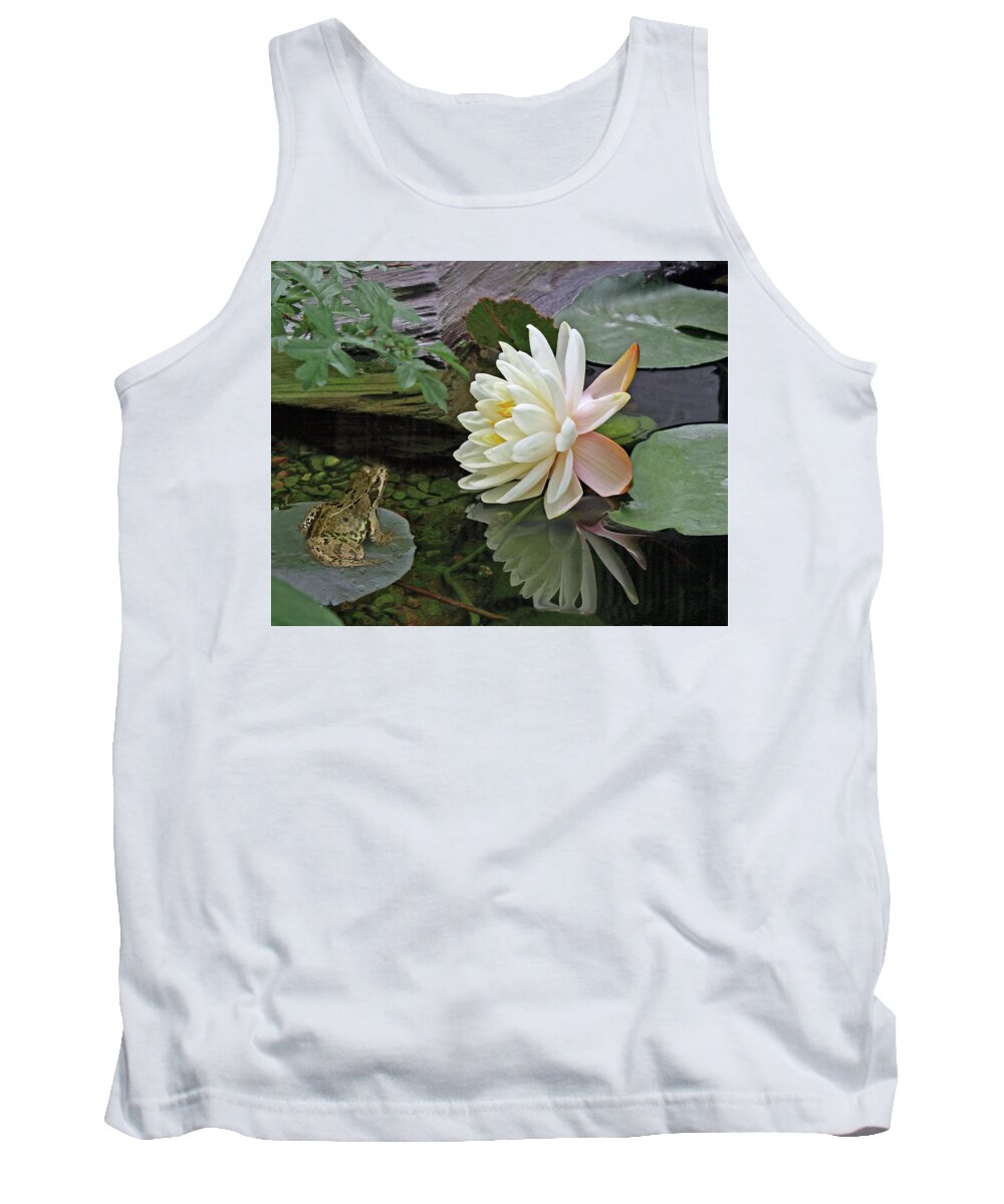 White Waterlily Tank Top featuring the photograph Frog In Awe of White Water Lily by Gill Billington