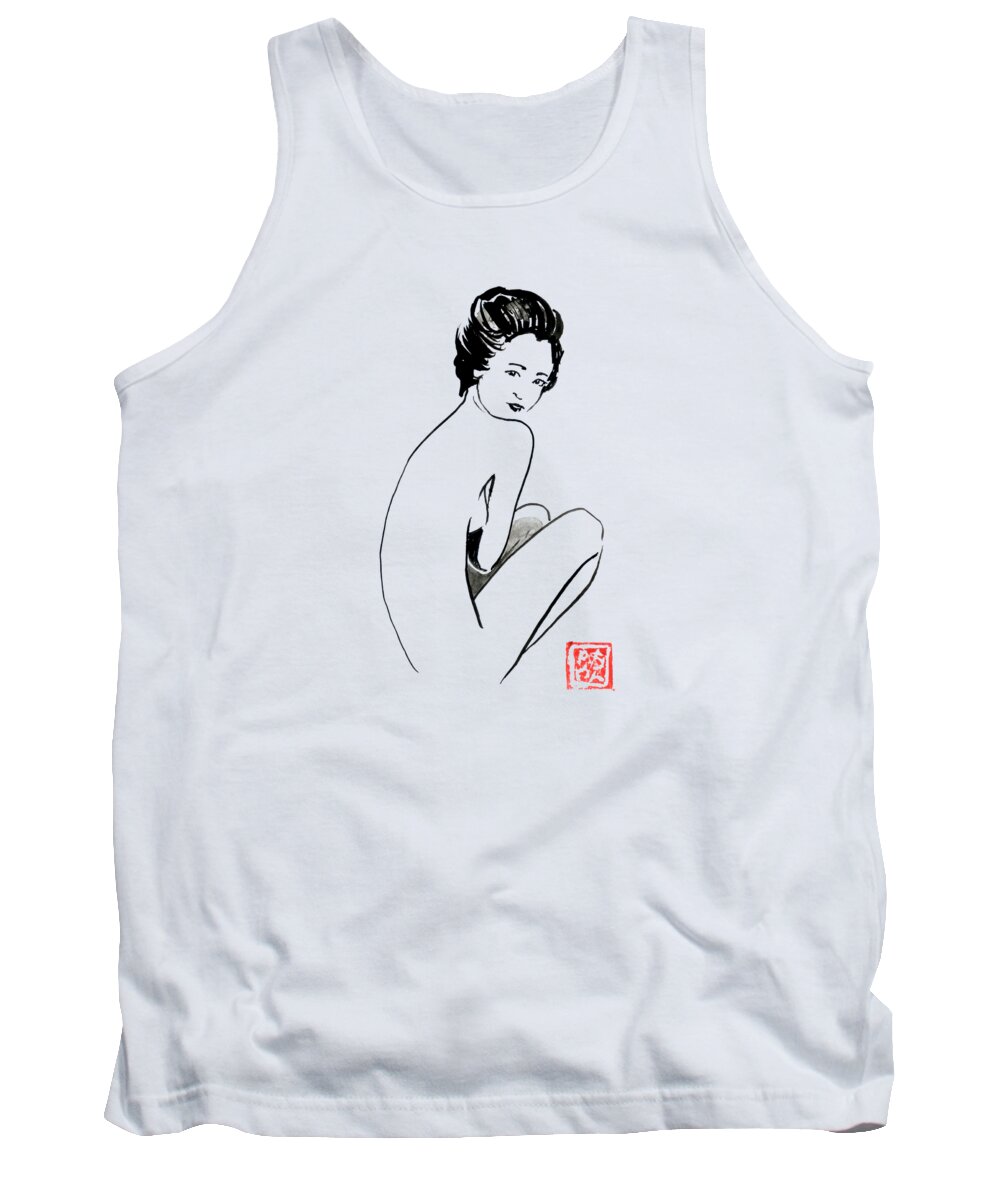 Geisha Tank Top featuring the drawing Geisha Nude Back by Pechane Sumie