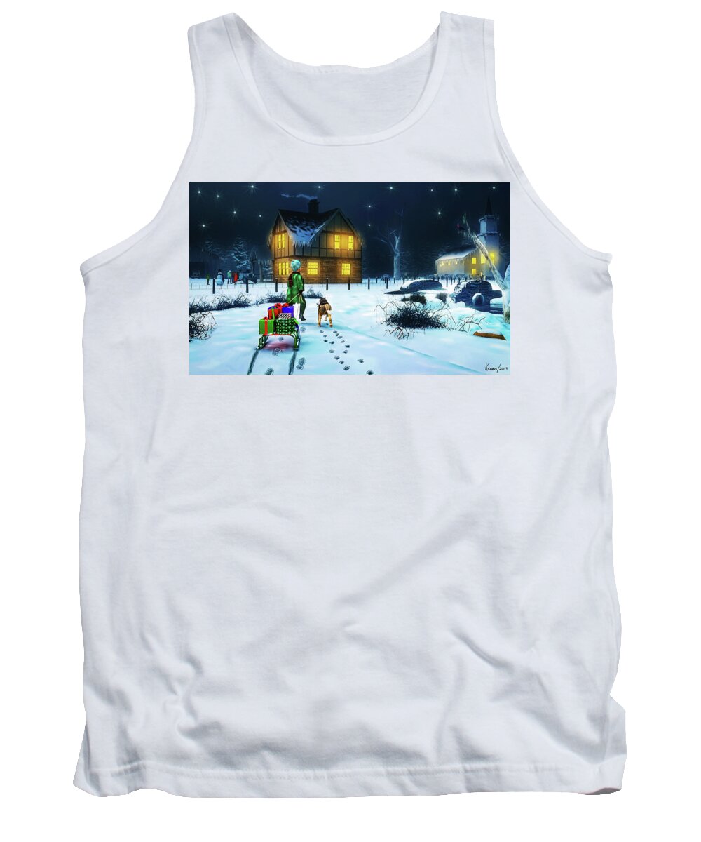 Christmas Tank Top featuring the mixed media Late Christmas Eve's Visit to Grandma's by Ken Morris