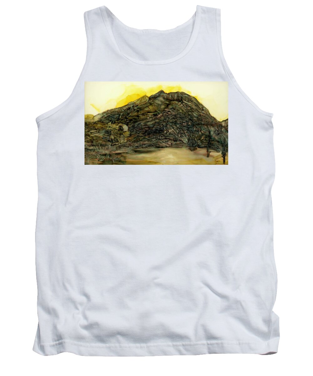 Mountain Tank Top featuring the painting Learning patience at the tarn by Angela Marinari