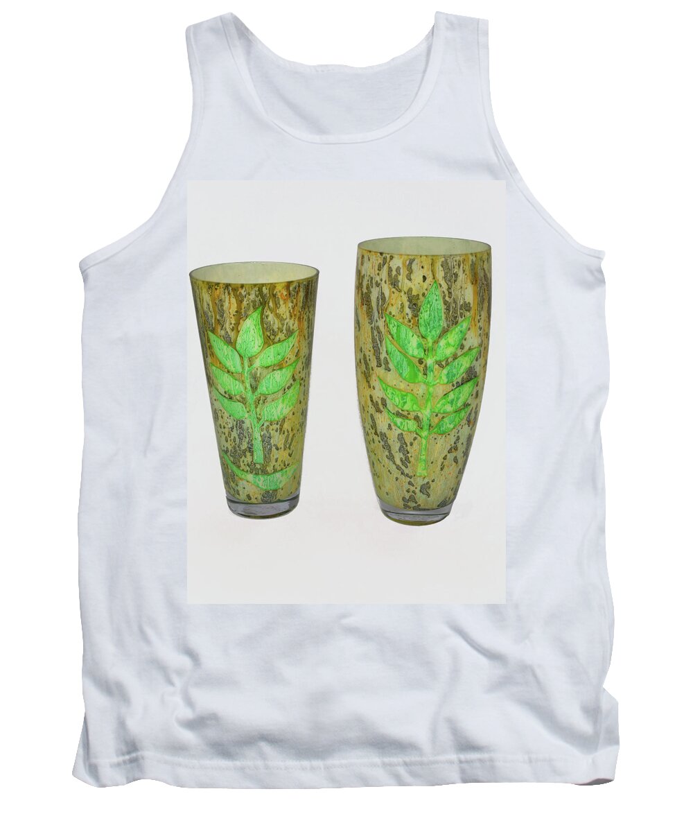 Green Tank Top featuring the glass art Leaves set of two by Christopher Schranck