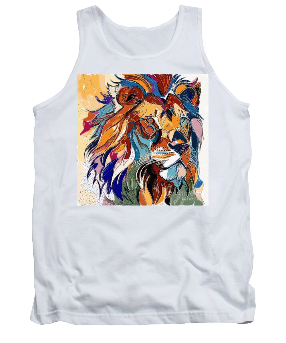 Abstract Tank Top featuring the digital art Male Lion Abstract Portrait Artwork - 01775SA1A by Philip Preston