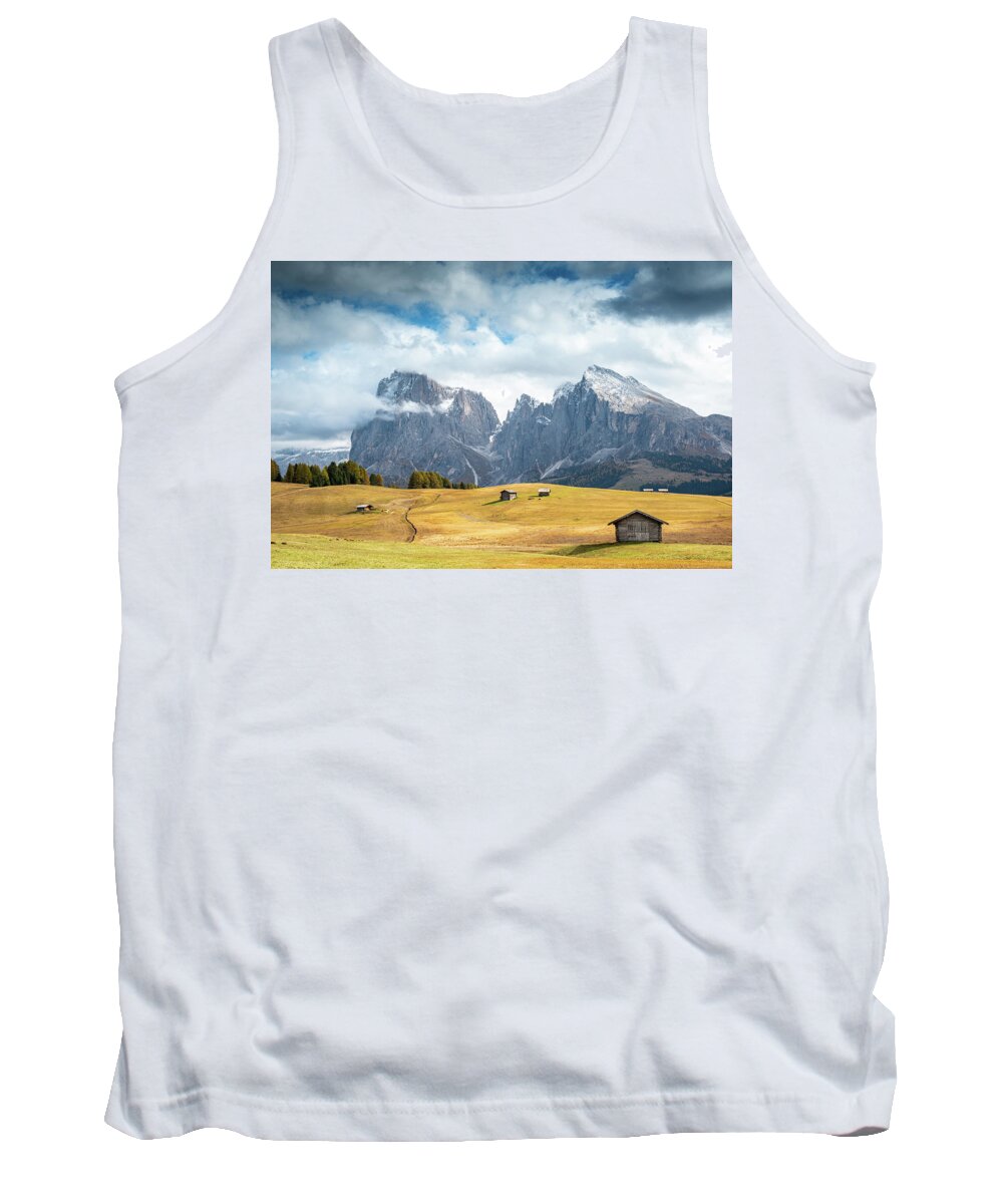 Mountain Landscape Tank Top featuring the photograph Meadow field and the Dolomiti rocky peaks Alpe di siusi Seiser Alm Italy by Michalakis Ppalis