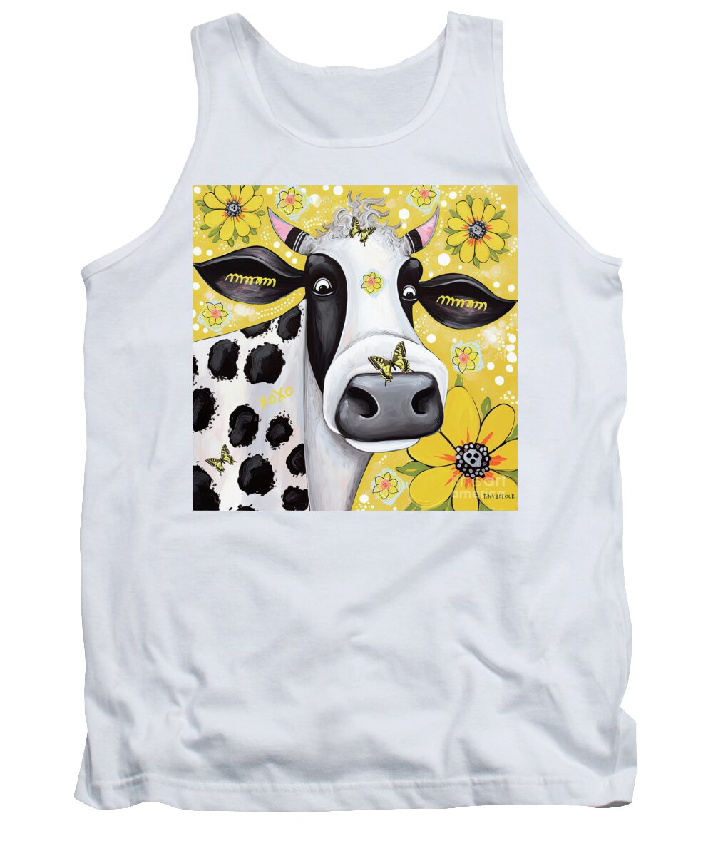 Black And White Cow Tank Top featuring the painting Mesmerized By The Butterfly by Tina LeCour