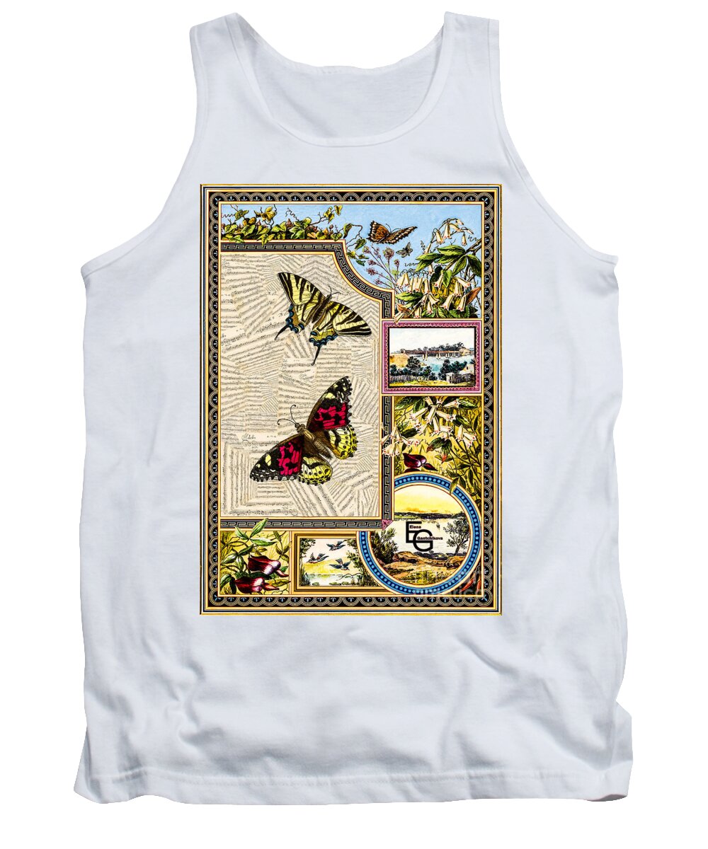Musical Score Tank Top featuring the mixed media Musical score in a frame of flowers, lilies, bells with butterflies, insects, grasshopper by Elena Gantchikova