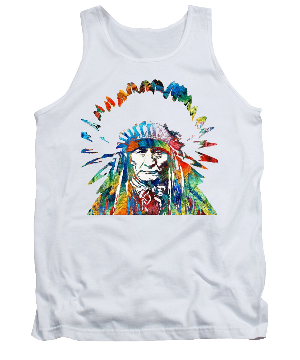 Native American Tank Top featuring the painting Native American Art - Chief - By Sharon Cummings by Sharon Cummings