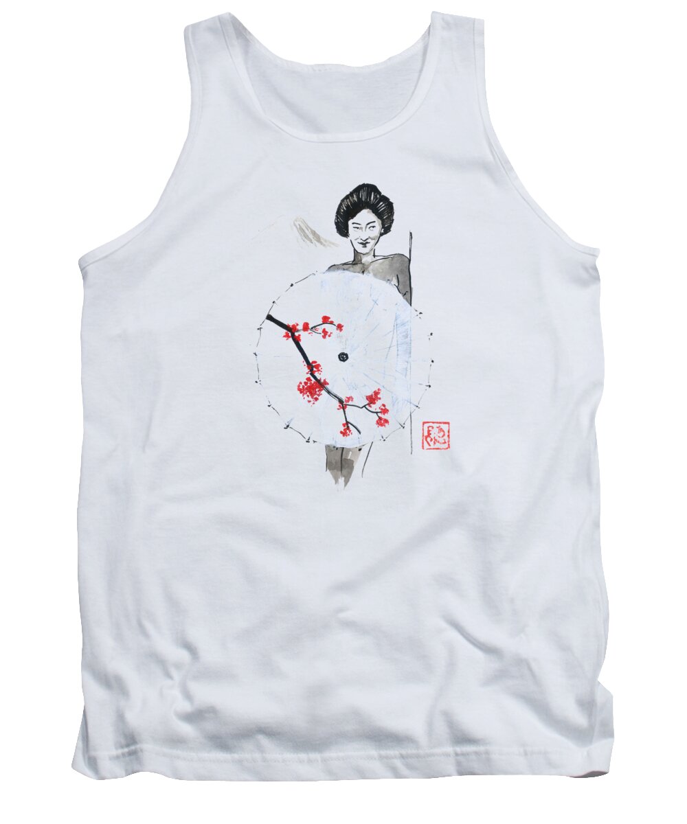 Sumie Tank Top featuring the drawing Nude Geisha Behind Umbrella 02 by Pechane Sumie
