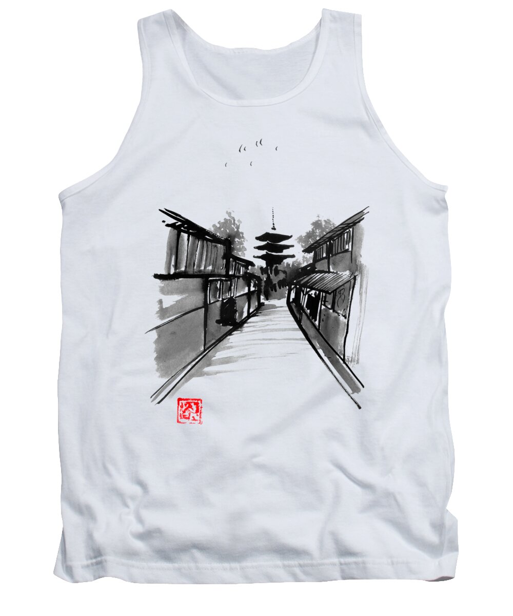 Pagoda Tank Top featuring the drawing Pagoda by Pechane Sumie