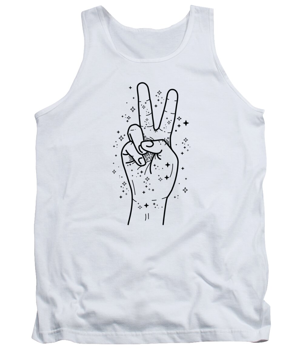 Peace Lover Tank Top featuring the digital art Peace Lover Stars Peace Hand Sign Stargazer Line Art by Toms Tee Store