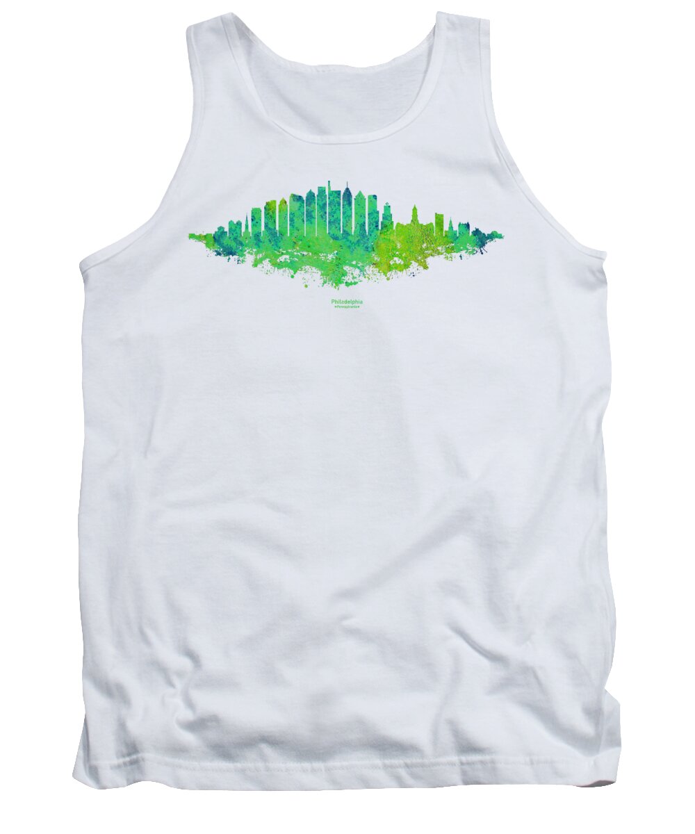 Philadelphia Tank Top featuring the digital art Philadelphia Skyline - Lime Green Watercolor on White Background with Caption by SP JE Art