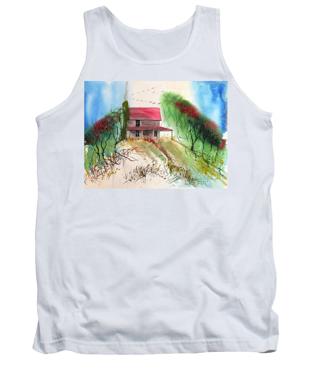 Farm Tank Top featuring the painting Poindexter 1908 Ancestral Homested and Farm ar Smith Mountain Lake in Virginia by Catherine Ludwig Donleycott