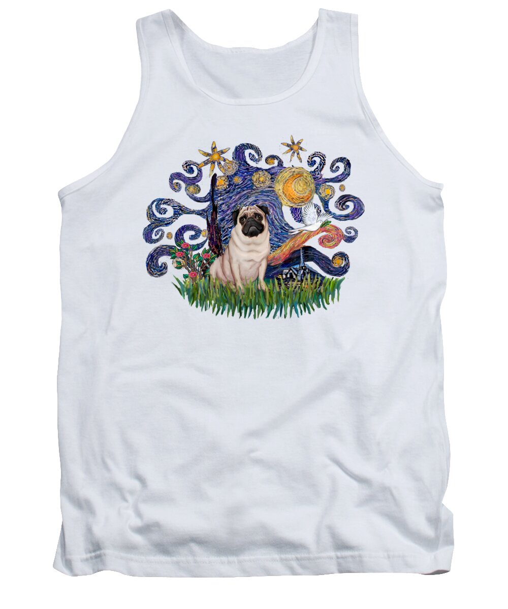 Pug Tank Top featuring the digital art Pug in Free Form Starry Night by Jean Batzell Fitzgerald
