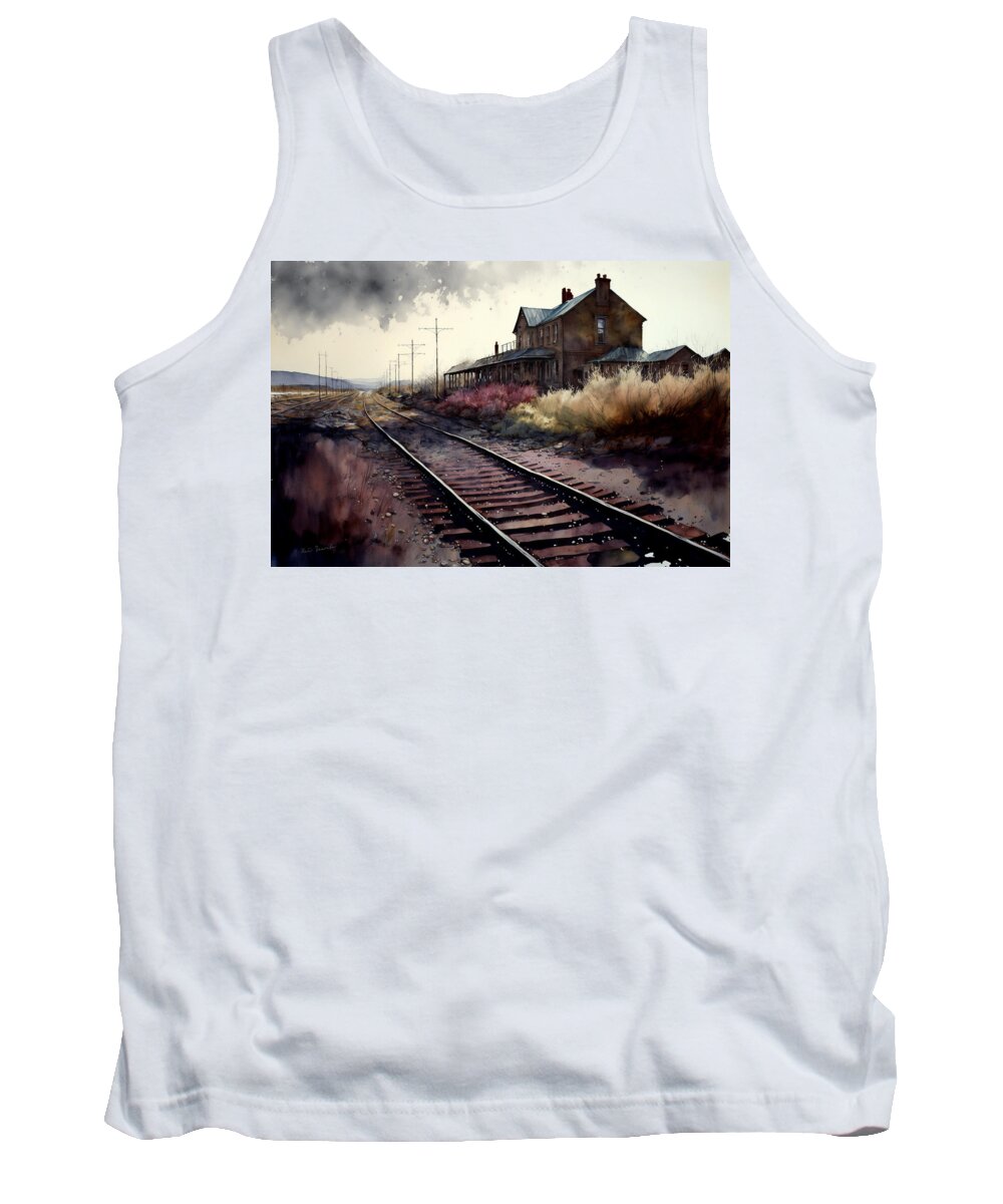 Aquarell Tank Top featuring the painting Rails to a Forgotten Place by Kai Saarto
