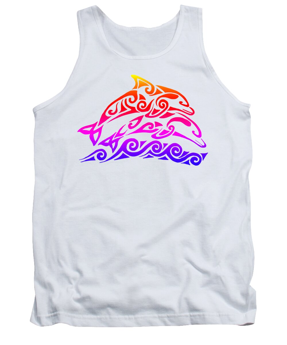 Dolphin Tank Top featuring the mixed media Rainbow Tribal Dolphins by Rebecca Wang