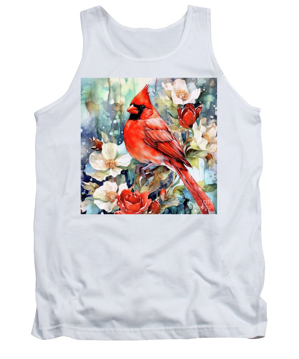 Northern Cardinal Tank Top featuring the painting Red Cardinal In The Roses by Tina LeCour