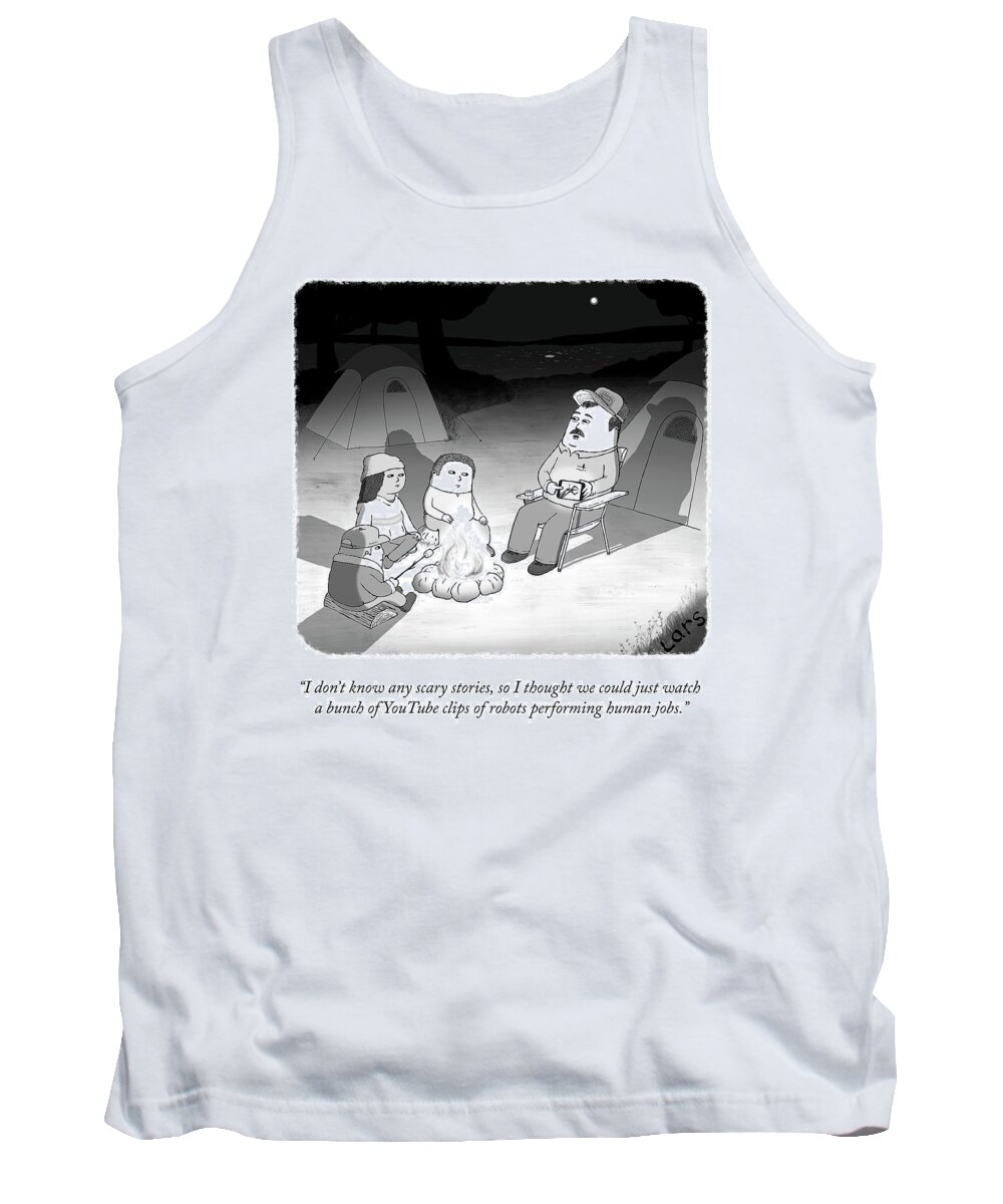 I Don't Know Any Scary Stories Tank Top featuring the drawing Robots Performing Human Jobs by Lars Kenseth