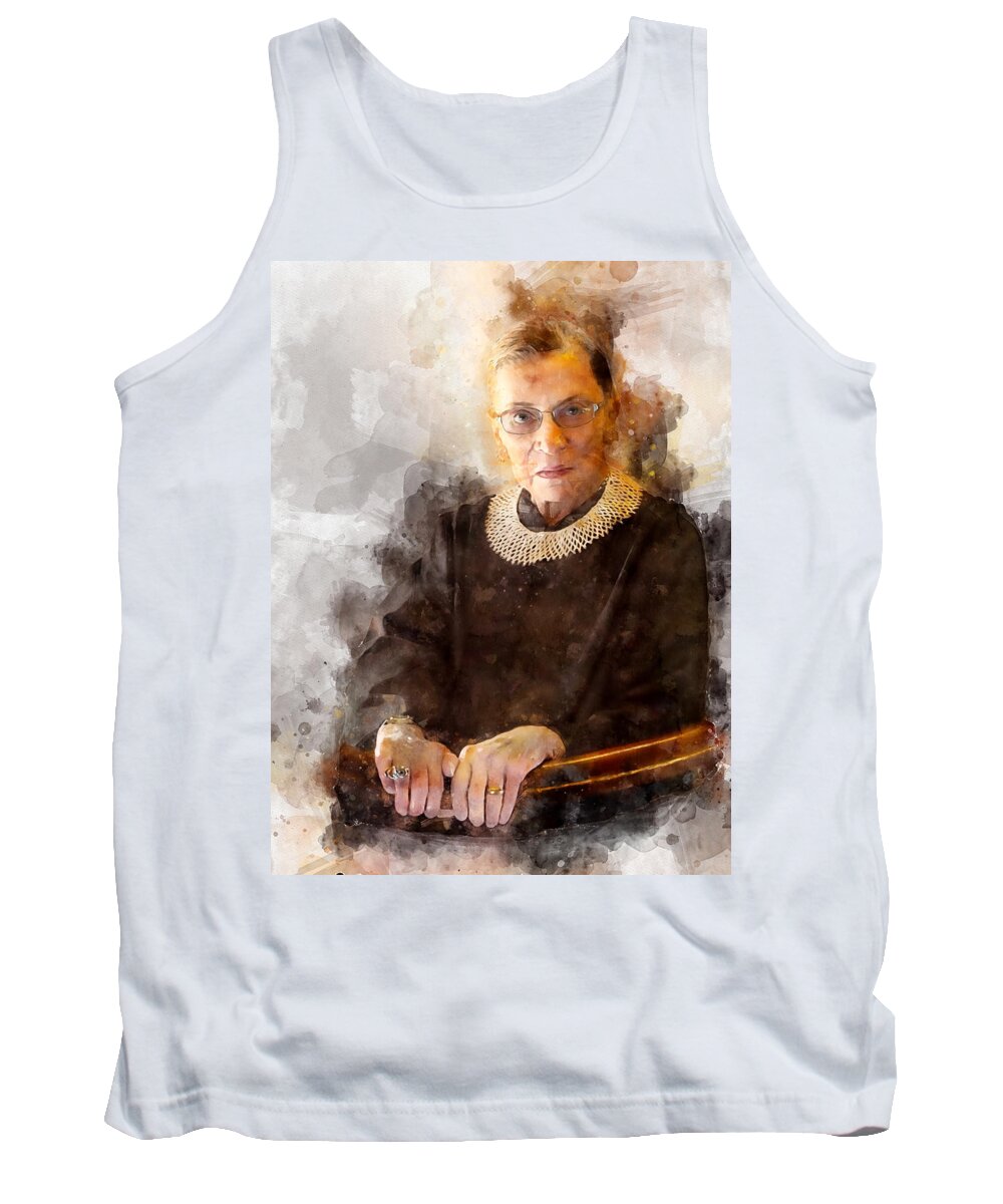 Ruth Bader Ginsburg Tank Top featuring the painting Ruth Bader Ginsburg with Judge Robe Portrait Watercolor by SP JE Art