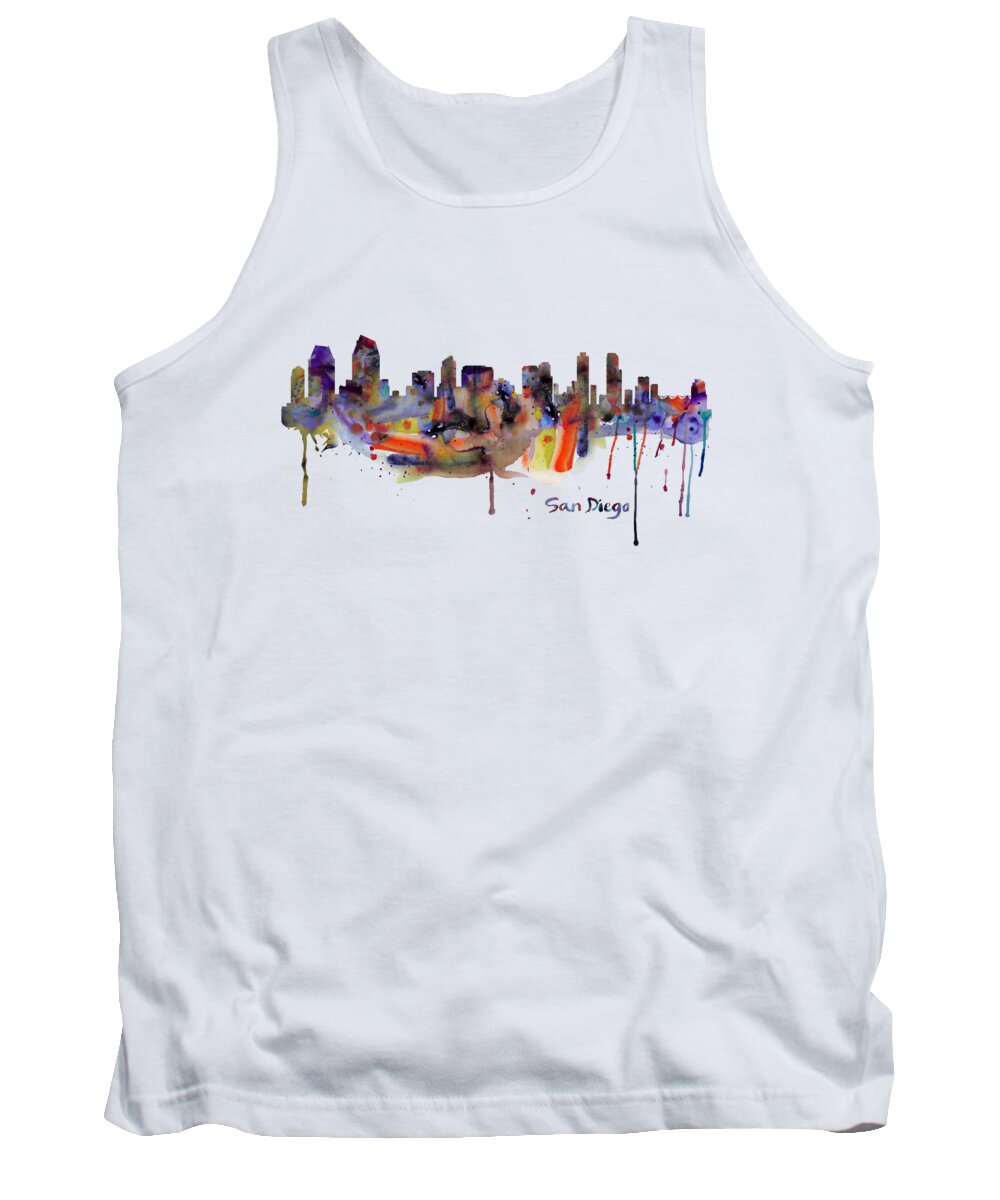 Marian Voicu Tank Top featuring the painting San Diego Watercolor Skyline by Marian Voicu