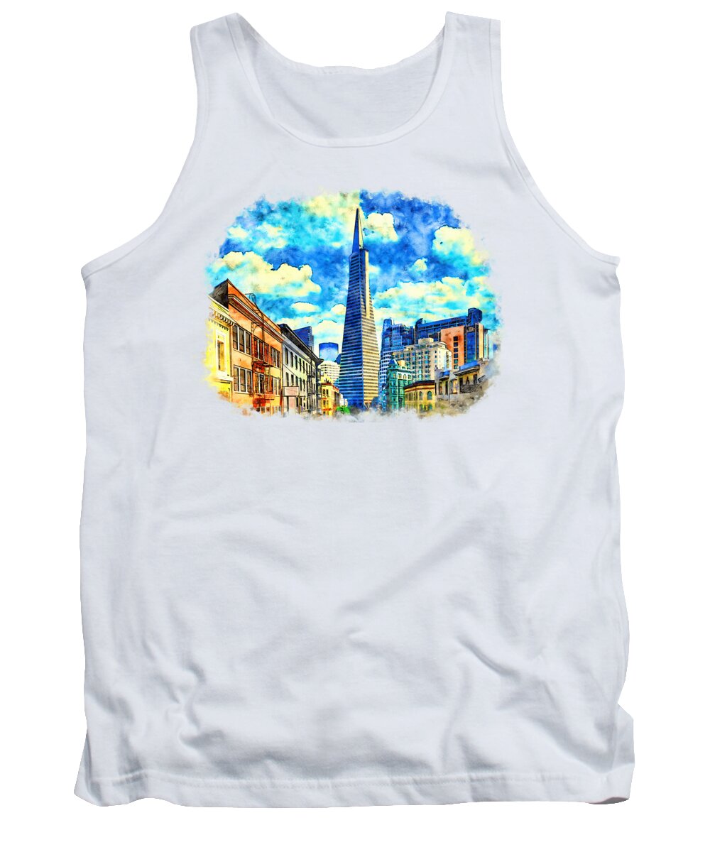 Transamerica Pyramid Tank Top featuring the digital art Transamerica Pyramid in San Francisco - pen and watercolor by Nicko Prints