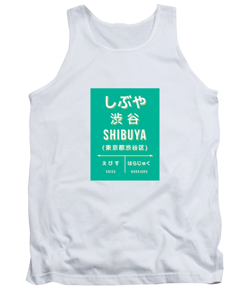 Japan Tank Top featuring the digital art Vintage Japan Train Station Sign - Shibuya Green by Organic Synthesis