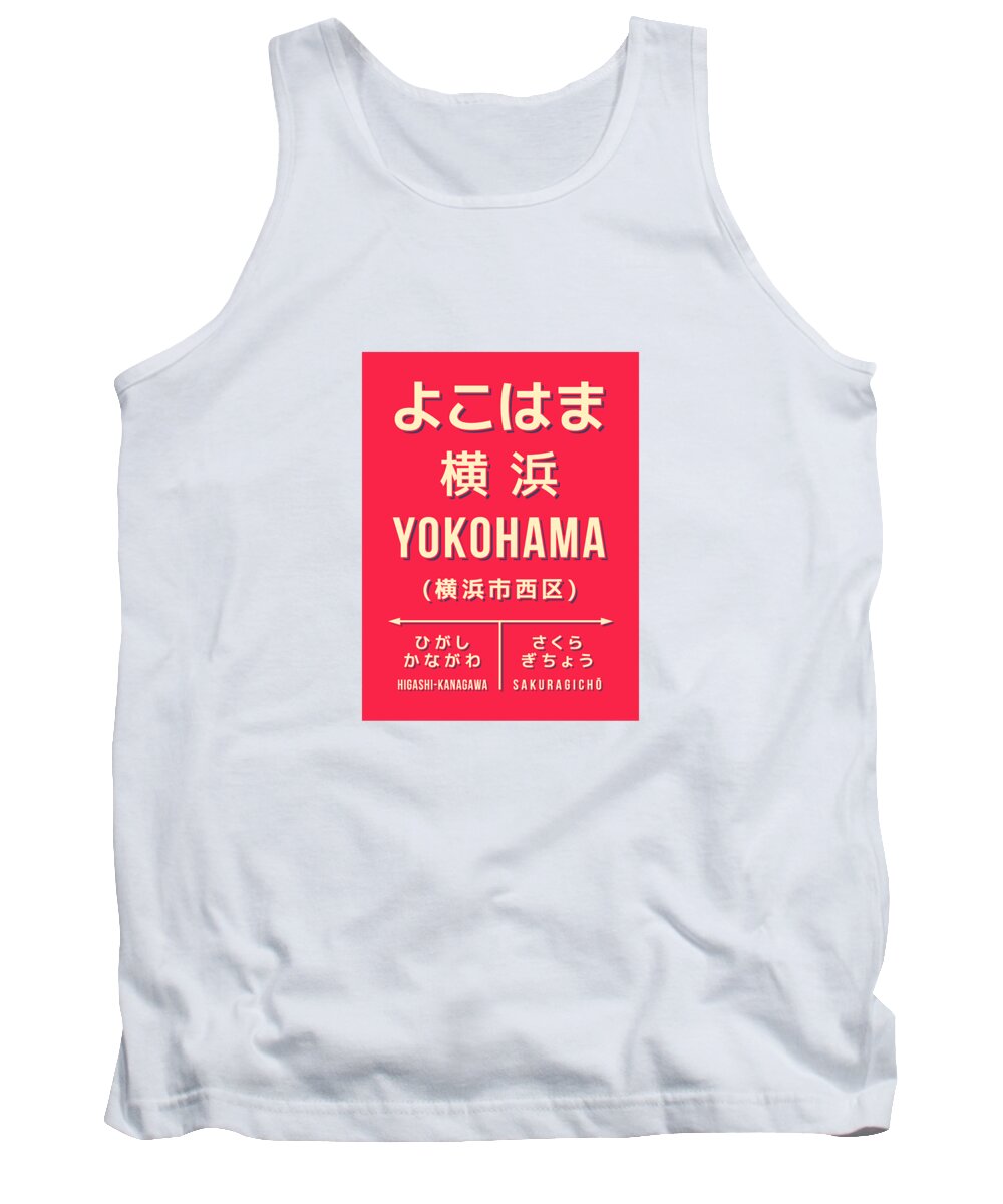 Japan Tank Top featuring the digital art Vintage Japan Train Station Sign - Yokohama Red by Organic Synthesis