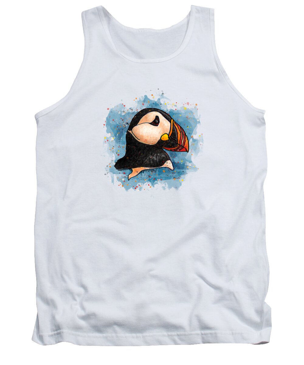 Watercolor Tank Top featuring the painting Watercolor puffin splatter art, Puffin head by Nadia CHEVREL