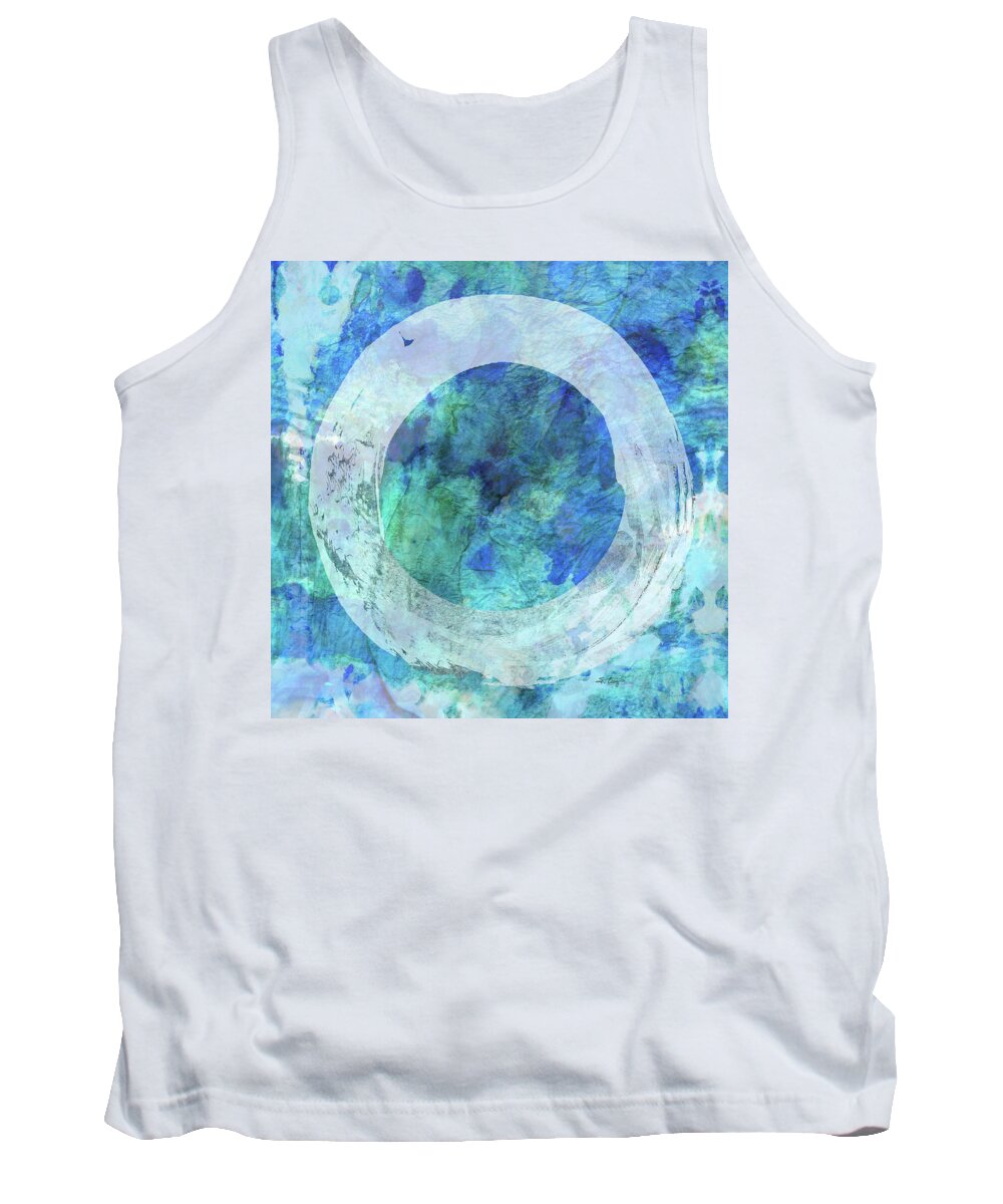 Enso Tank Top featuring the painting White Enso Art on Blue by Sharon Cummings
