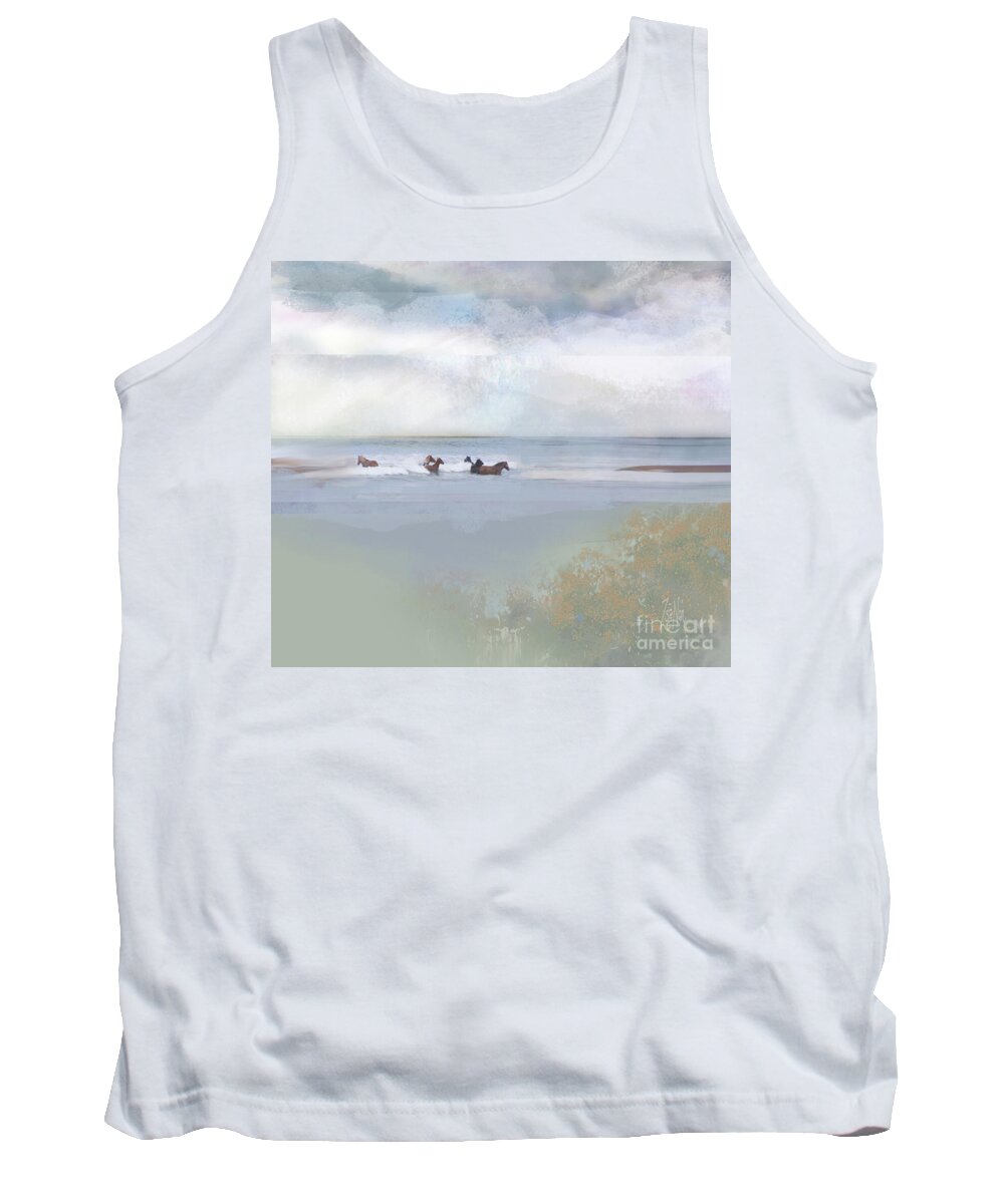 Watercolor Tank Top featuring the mixed media Wind and Water No. 6 Wild Horses of Ocracoke by Zsanan Studio