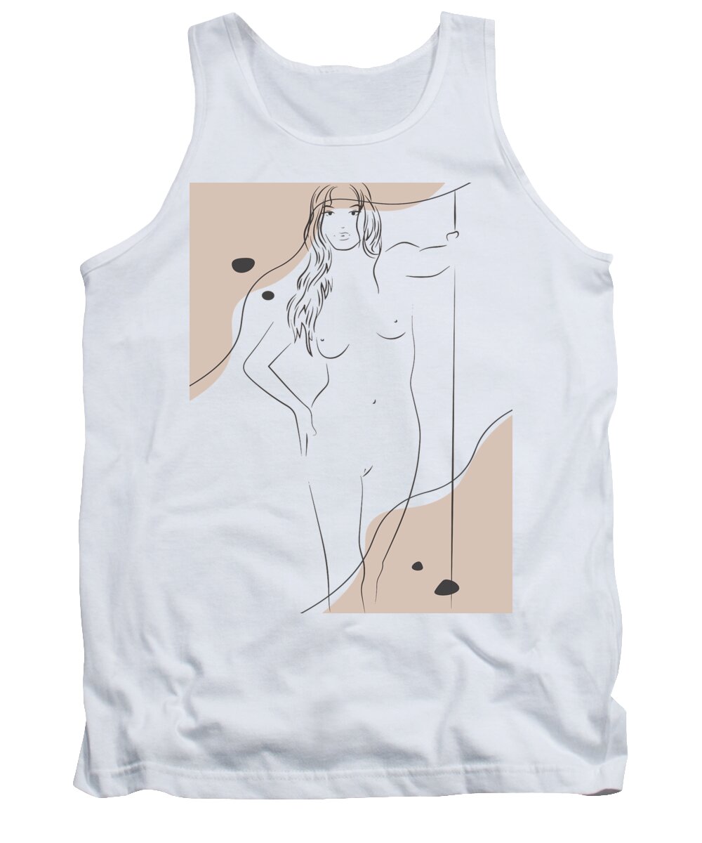 Nude Line Drawing Tank Top featuring the drawing Woman Naked Body Wall Art Print Boho Background Line Art Drawing by Mounir Khalfouf