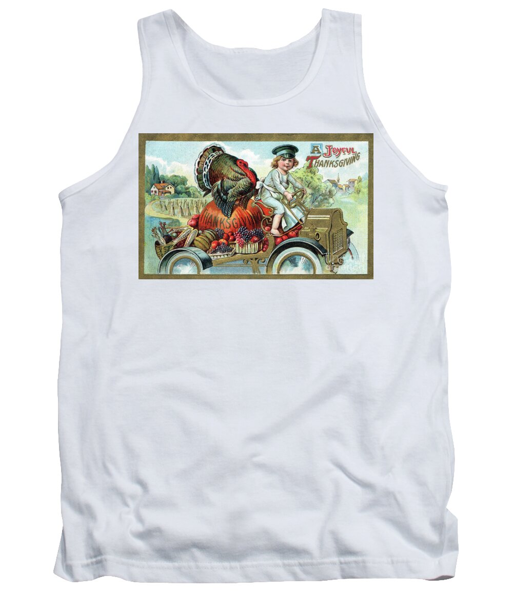 Thanksgiving Tank Top featuring the digital art Young girl in a white apron driving a Thanksgiving delivery truck by Pete Klinger