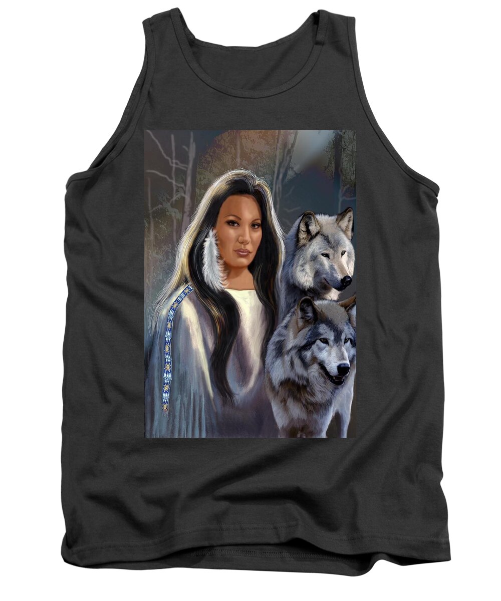 Native American Maiden With Wolves Print Tank Top featuring the painting Native American Maiden with Wolves by Regina Femrite