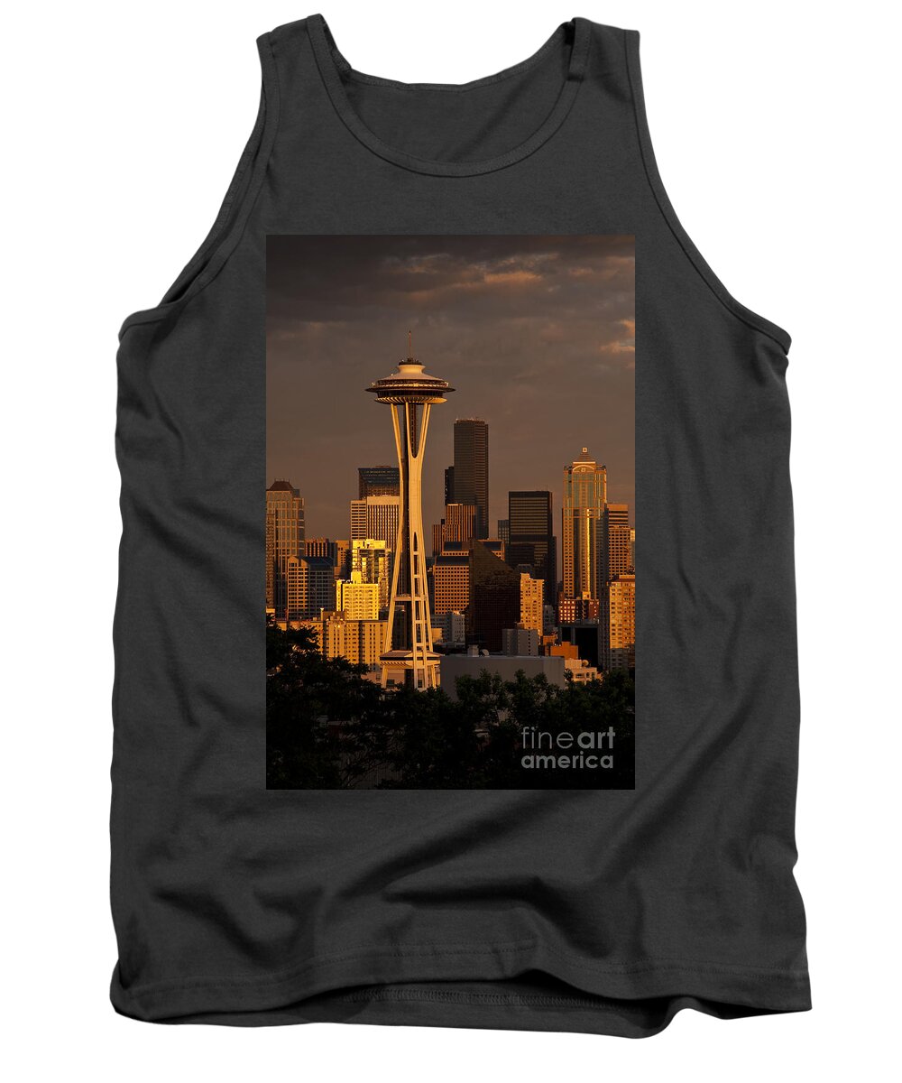 Kerry Park Tank Top featuring the photograph Seattle Skyline with Space Needle and stormy weather #1 by Jim Corwin