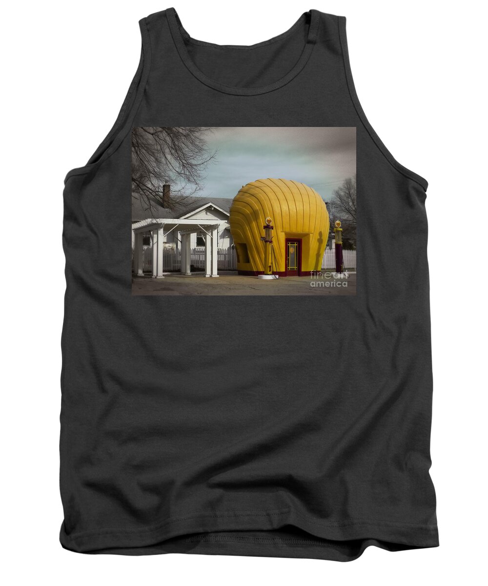 Vintage Tank Top featuring the photograph 1930 Shell Station by Dawn Gari