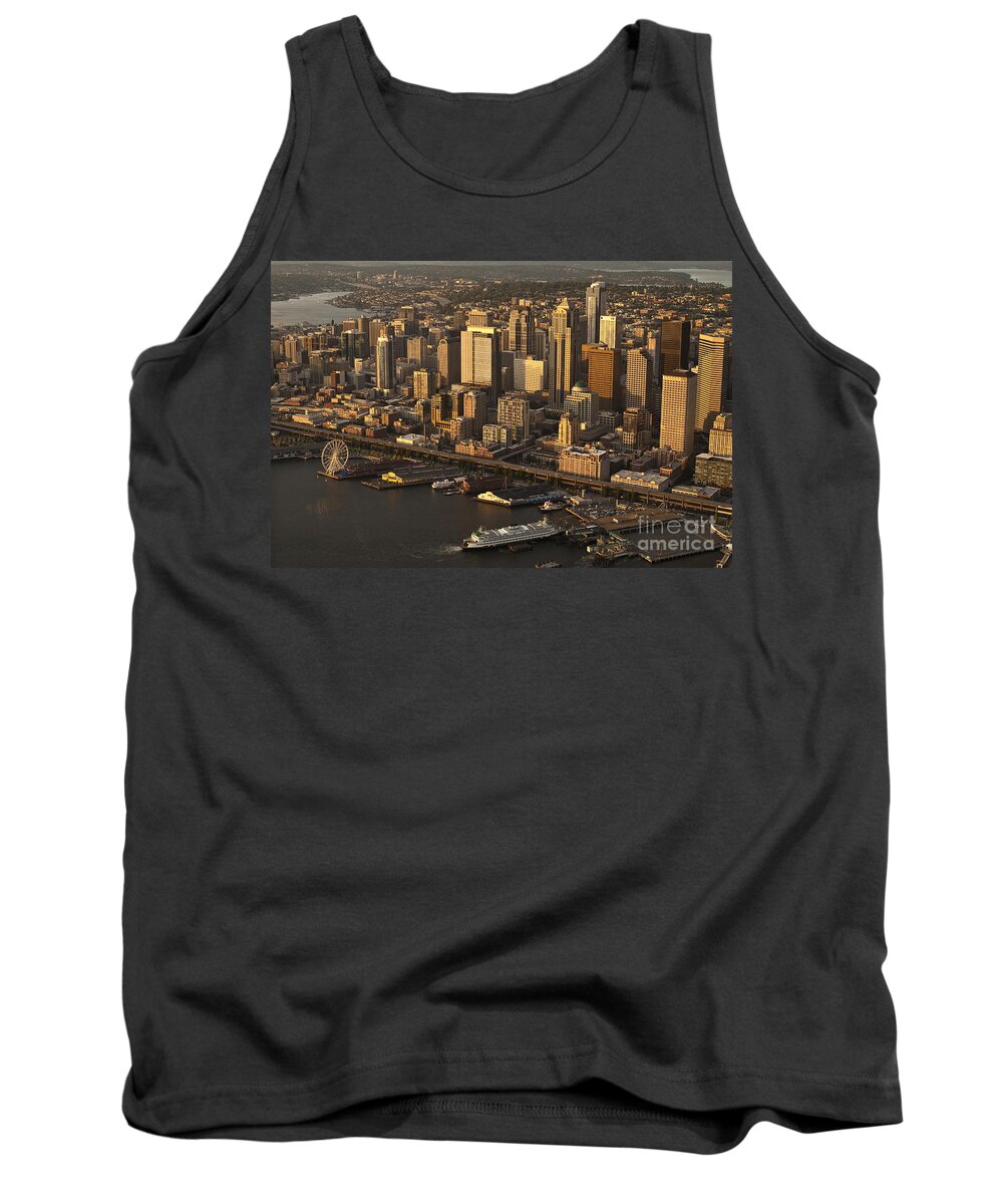 Elliott Bay Tank Top featuring the photograph Aerial view of Seattle Skyline along waterfront #3 by Jim Corwin