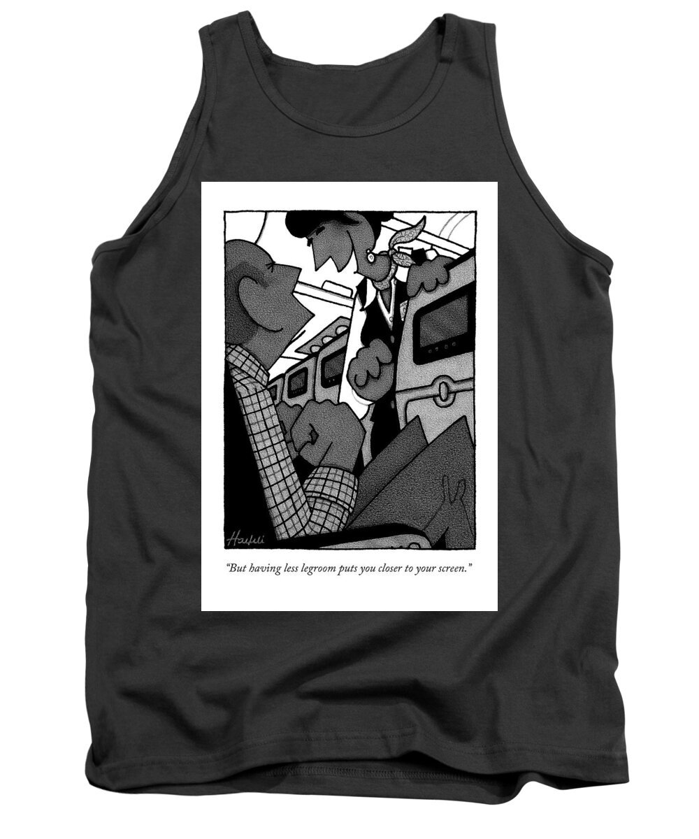 Airplane Tank Top featuring the drawing A Flight Attendant Reassures A Crammed by William Haefeli