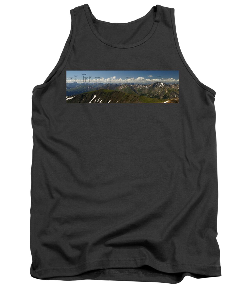 Summit View Tank Top featuring the photograph A Summit View Panorama with Peak Labels by Jeremy Rhoades