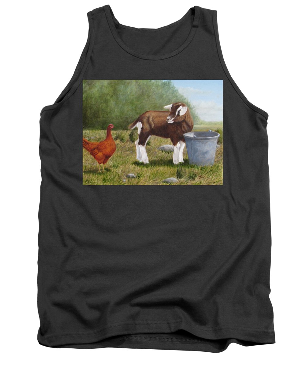 Goat And Chicken Tank Top featuring the painting Barnyard Talk by Tammy Taylor