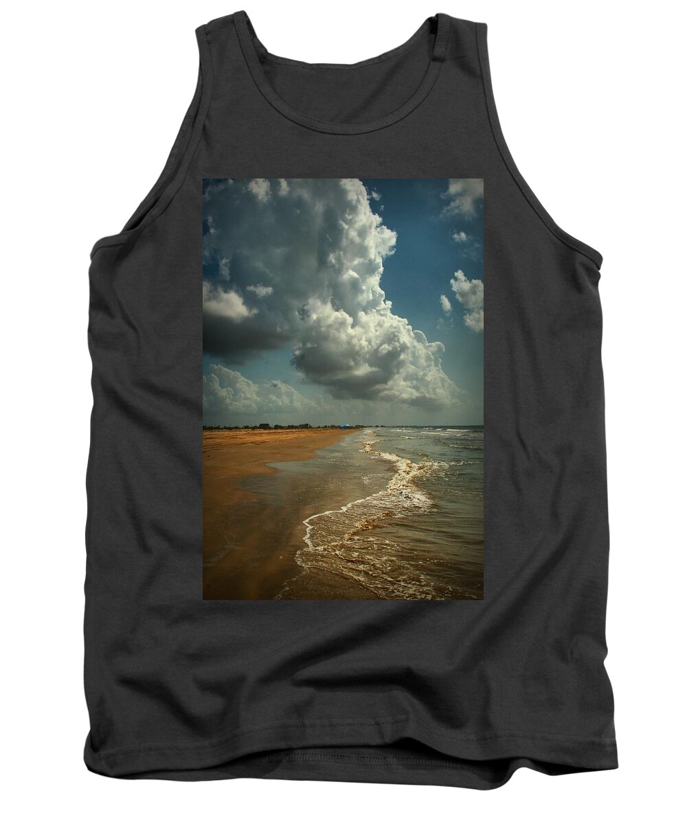 Beach Tank Top featuring the digital art Beach and Clouds by Linda Unger