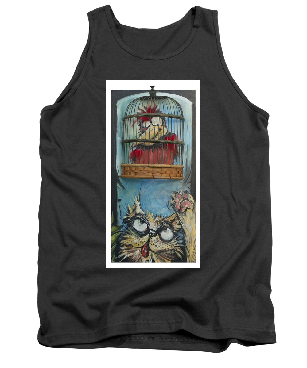 Bird Tank Top featuring the painting Bird In Cage With Cat by Tim Nyberg