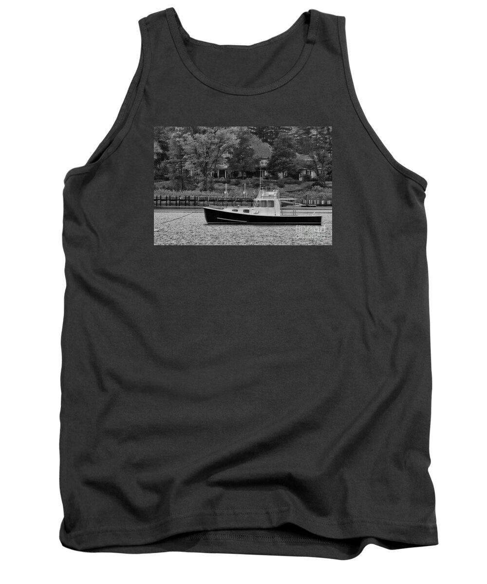black White Tank Top featuring the photograph Black White Fishing Boat Anchored in the Bay by Al Nolan