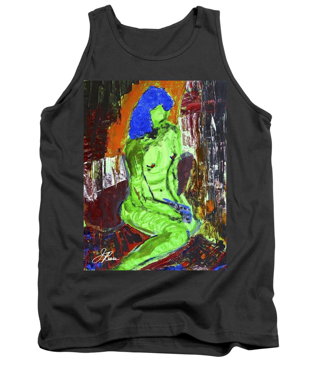 Nude Female Tank Top featuring the painting Blue Haired Nude by Joan Reese