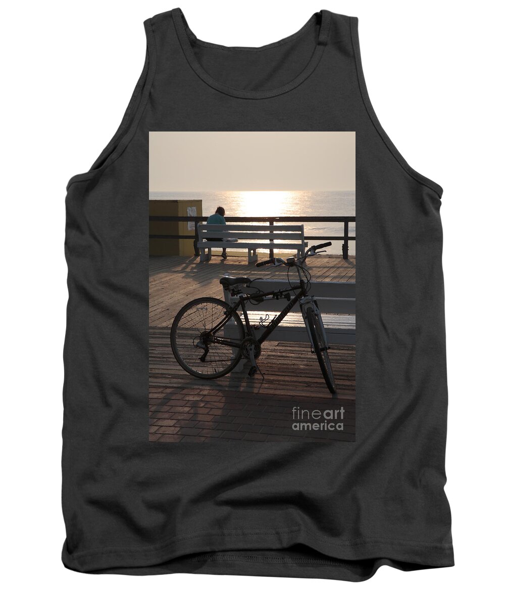 Bike Tank Top featuring the digital art Boardwalk Bicycle at Sunrise with watercolor effect by William Kuta