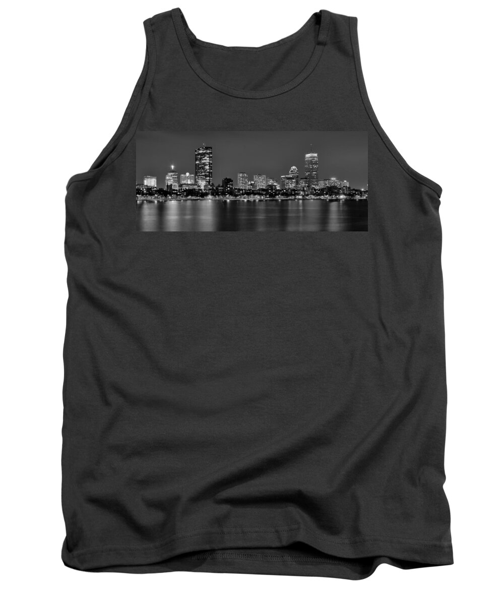 Boston Skyline At Night Tank Top featuring the photograph Boston Back Bay Skyline at Night Black and White BW Panorama by Jon Holiday