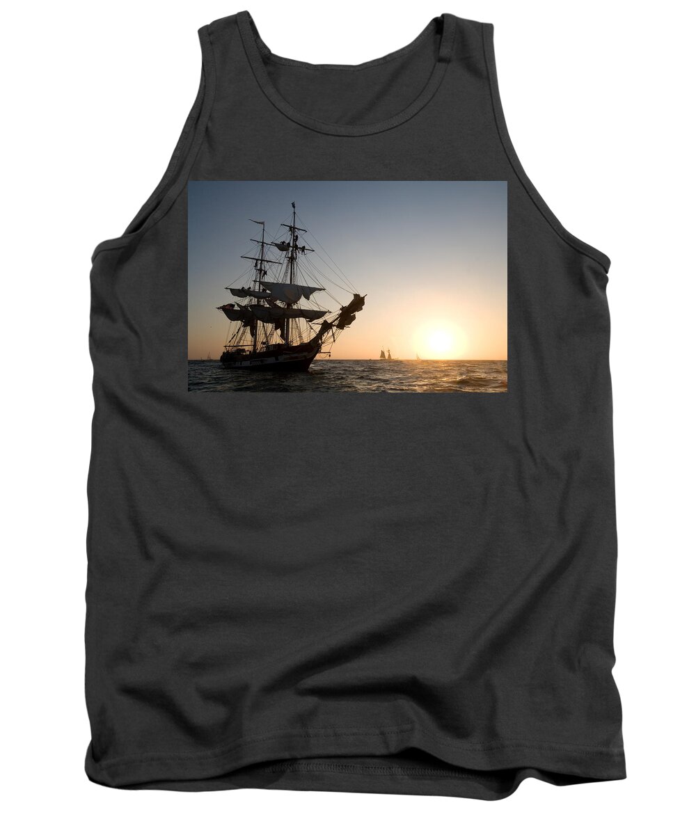 Tall Ship Tank Top featuring the photograph Brig Pilgrim at Sunset by Cliff Wassmann